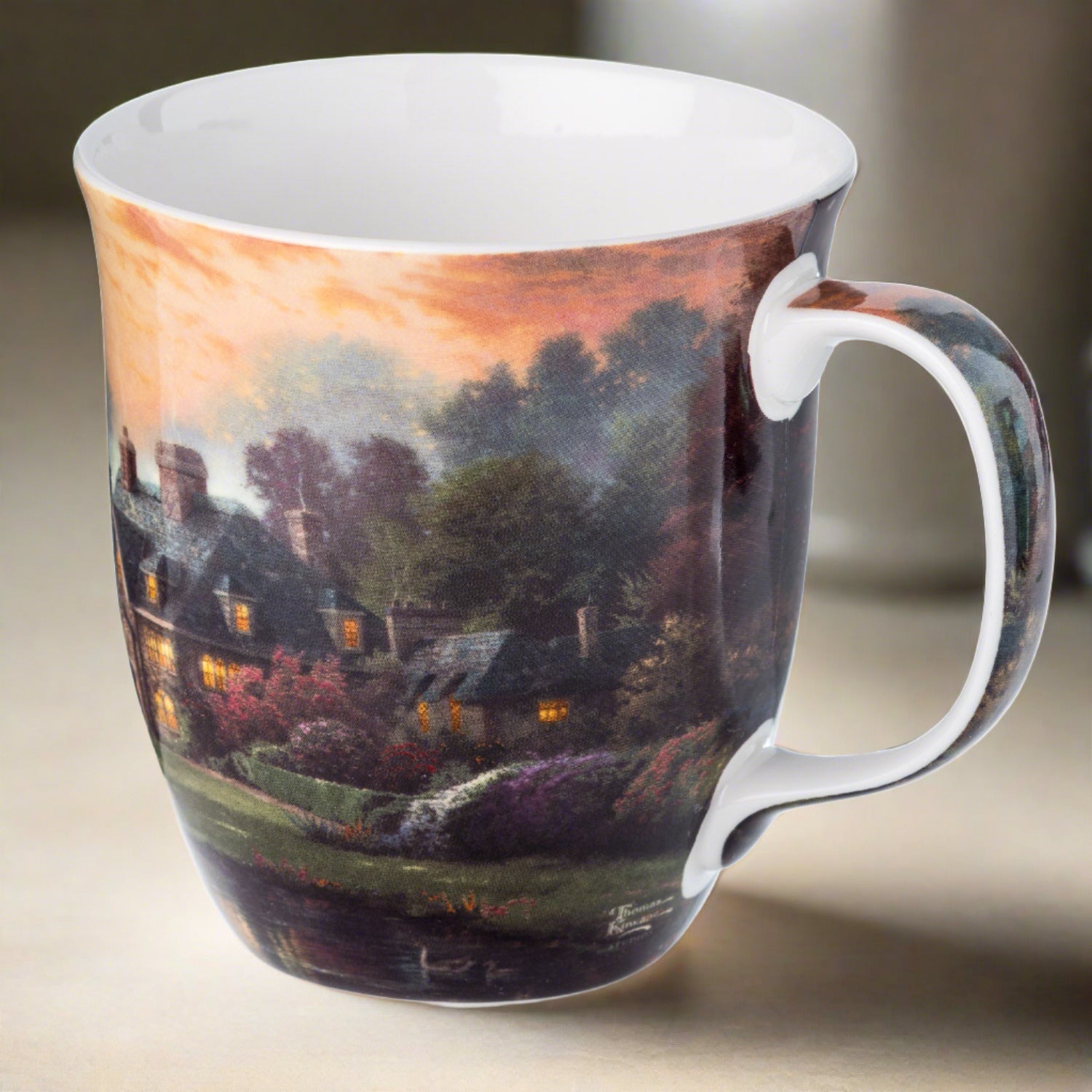 Kinkade Lakeside Manor Java Mug, lifestyle image styled in a kitchen