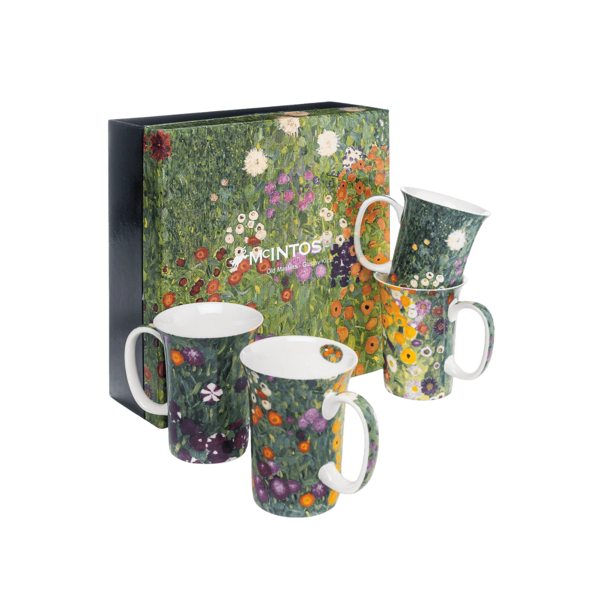 Gustav Klimt Flower Garden set of four fine bone china mugs, 11 oz (325 ml), art mugs with painting detail, front view, handle right