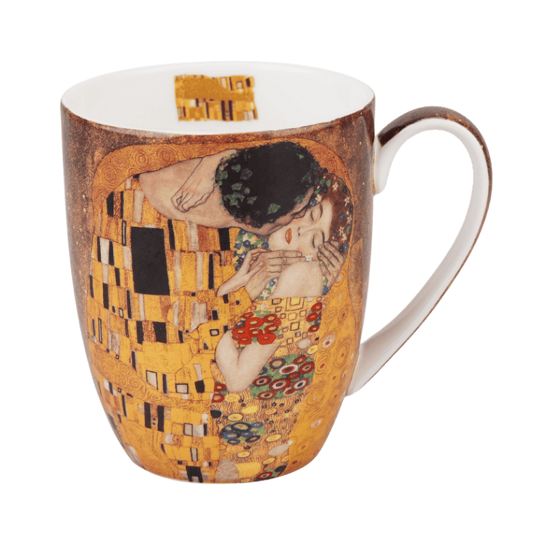 The Kiss by Gustav Klimt Latte mug in fine bone china, 12.5 oz (375 ml), front view, handle right
