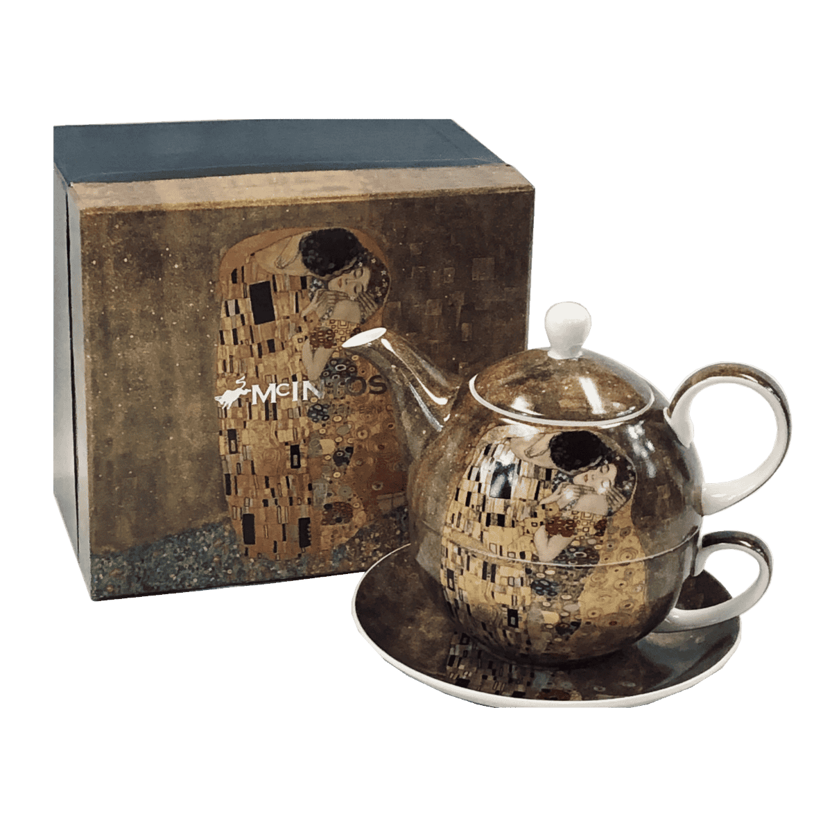 Gustav Klimt The Kiss tea for one fine bone china set with teapot, cup and saucer, front view on white background.