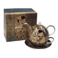 Gustav Klimt The Kiss tea for one fine bone china set with teapot, cup and saucer, front view on white background.