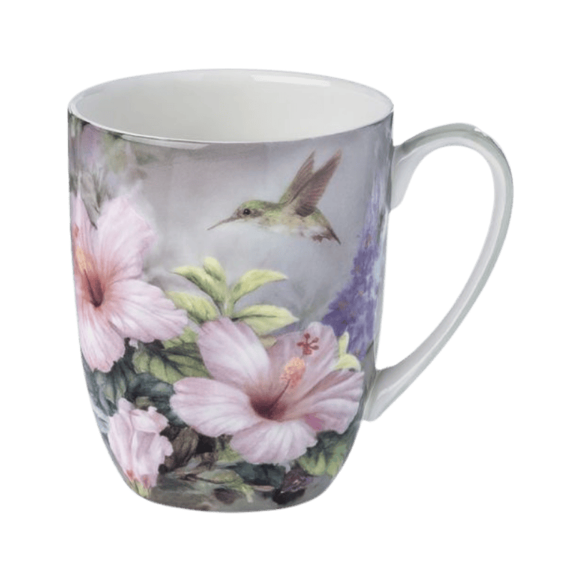 Lena Liu Hummingbirds latte mug with pink hibiscus flowers fine bone china 12.5 oz (375 ml) McIntosh Mugs front view, handle right