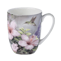 Lena Liu Hummingbirds latte mug with pink hibiscus flowers fine bone china 12.5 oz (375 ml) McIntosh Mugs front view, handle right