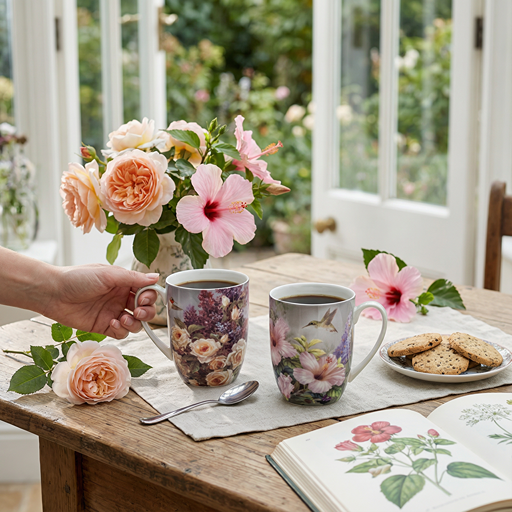 Two Latte mugs made of fine bone china featuring images of Lena Liu's hummingbird designs in warm purple and pink tones. The mugs are set on a weathered wood table adorned with flowers, and plates of cookies with a patio door in the background open to the garden.