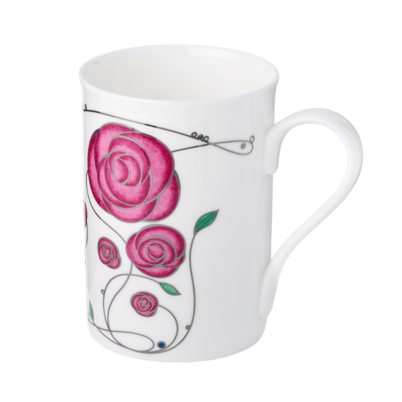 McIntosh Rose Pink Classico mug fine bone china 12.5 oz with pink rose floral design, front view handle right