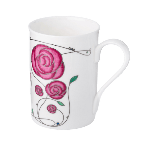 McIntosh Rose Pink Classico mug fine bone china 12.5 oz with pink rose floral design, front view handle right
