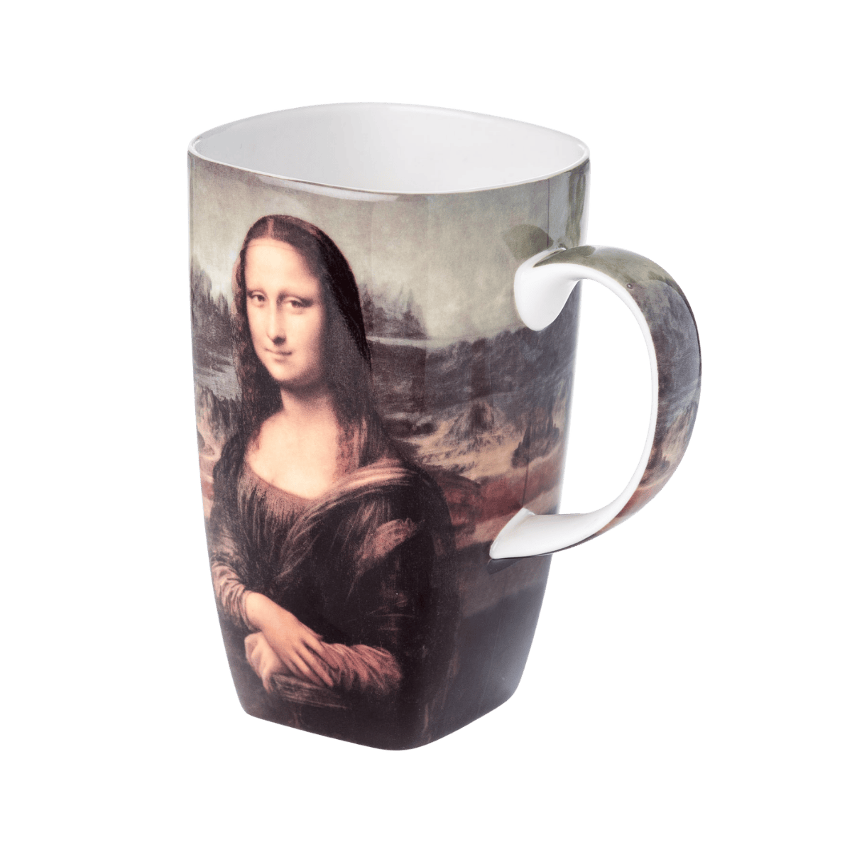 Mona Lisa Leonardo da Vinci Grande mug fine bone china 19.6 oz featuring famous Renaissance portrait painting, front view handle right