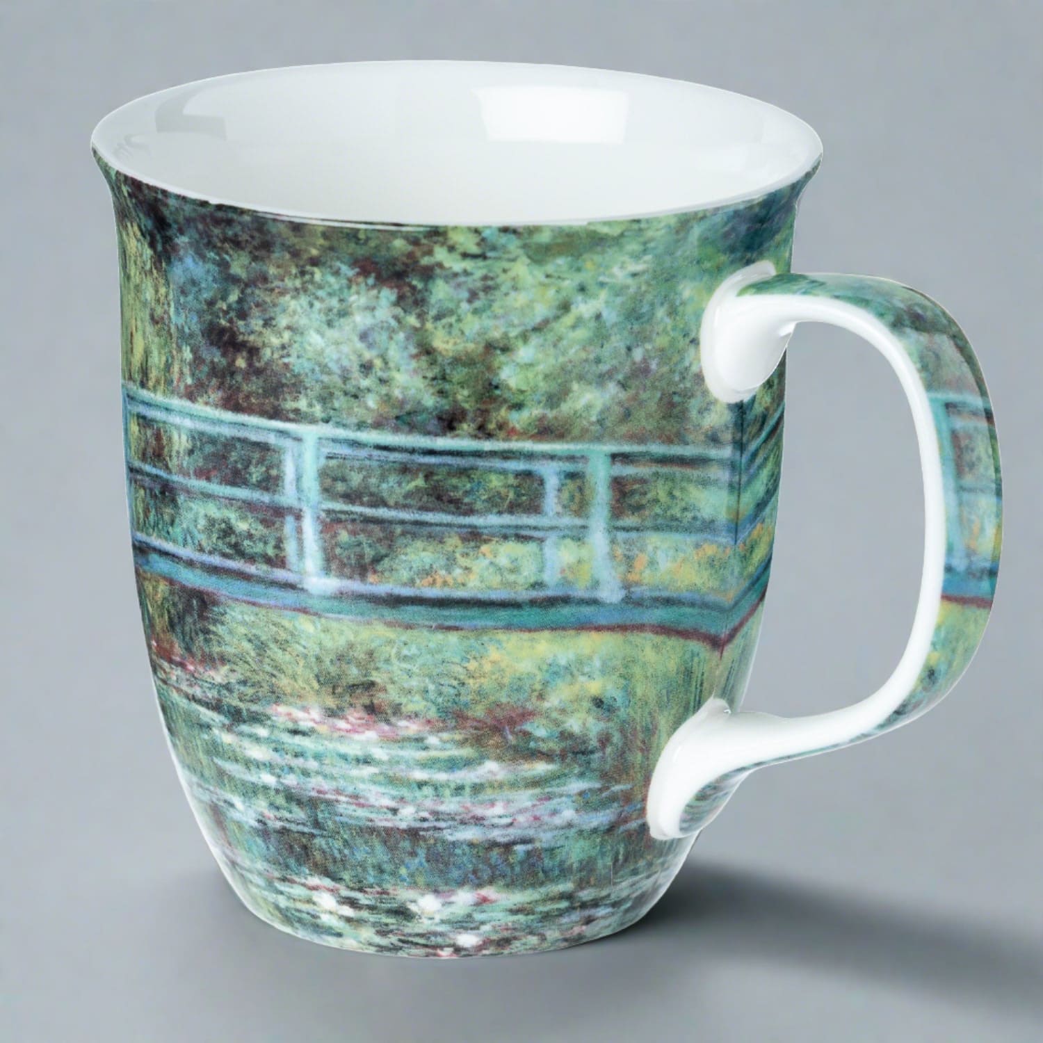 Claude Monet The Japanese Bridge Java Mug in fine bone china, front view, handle right, grey background