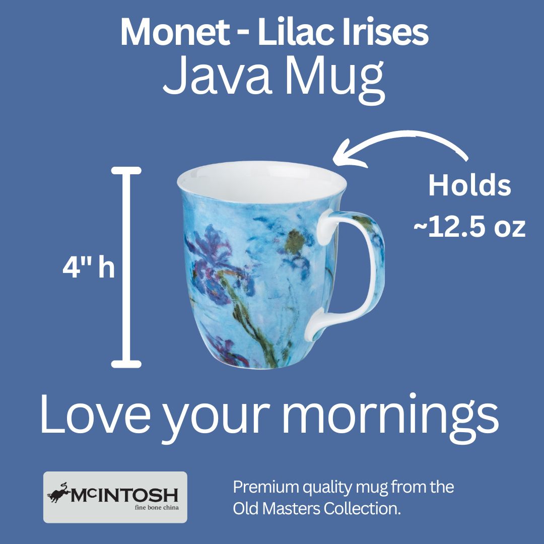 Claude Monet Lilac Irises Java Mug size guide in fine bone china, 375 ml (12.5 oz) capacity, 4 in height