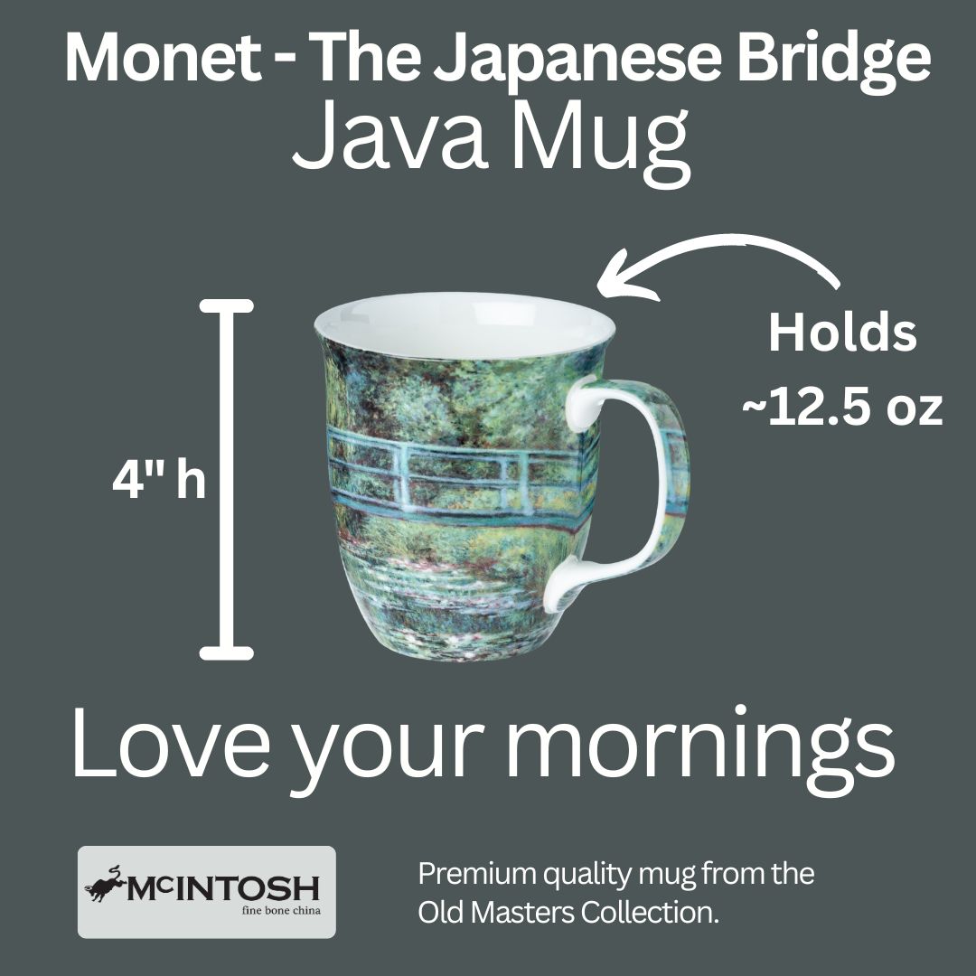 Claude Monet The Japanese Bridge Java Mug size guide in fine bone china, 375 ml (12.5 oz) capacity, 4 in height