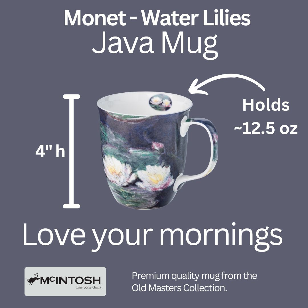 Claude Monet Water Lilies Java Mug size guide in fine bone china, 375 ml (12.5 oz) capacity, 4 in height