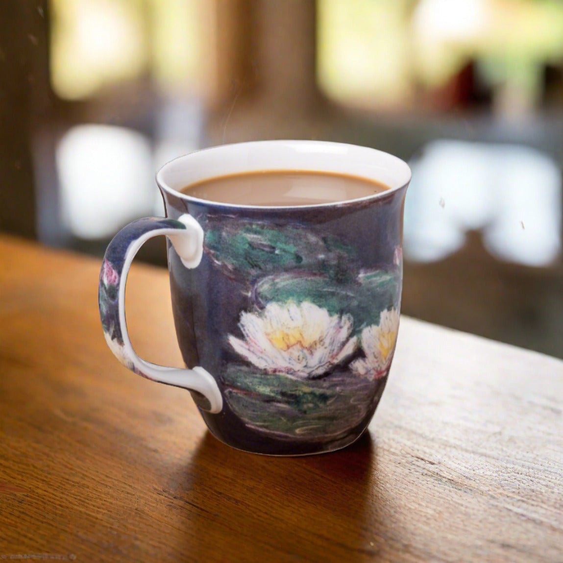 Claude Monet Water Lilies Java Mug, lifestyle image styled in a living room with coffee