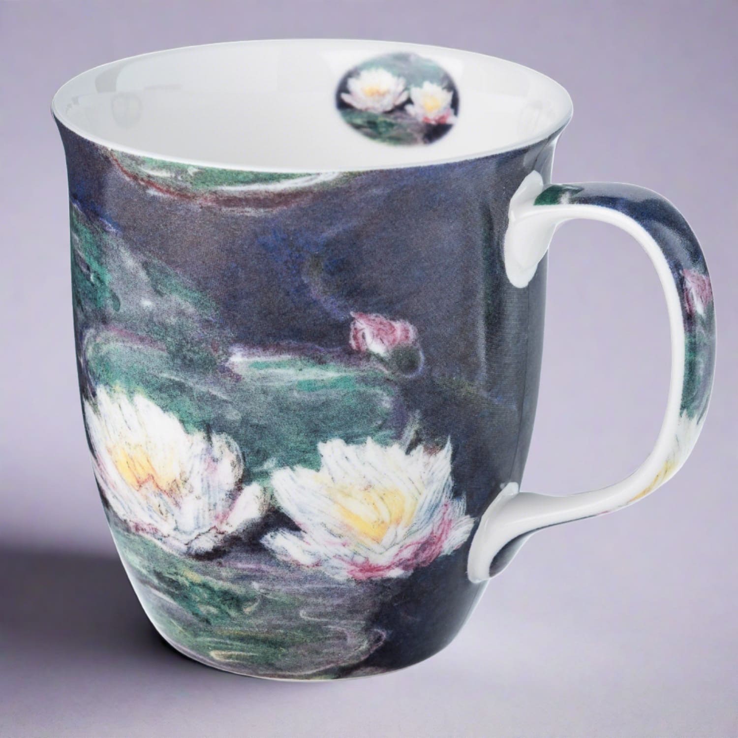 Claude Monet Water Lilies Java Mug in fine bone china, front view, handle right, purple background