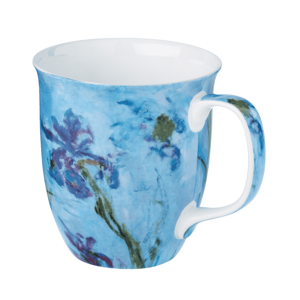 Lilac Irises Claude Monet Java mug fine bone china 12.5 oz with impressionist iris painting, front view handle right