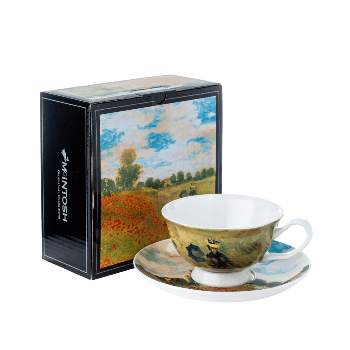 Monet Poppies teacup and saucer fine bone china 6 oz tea cup set with saucer, front view