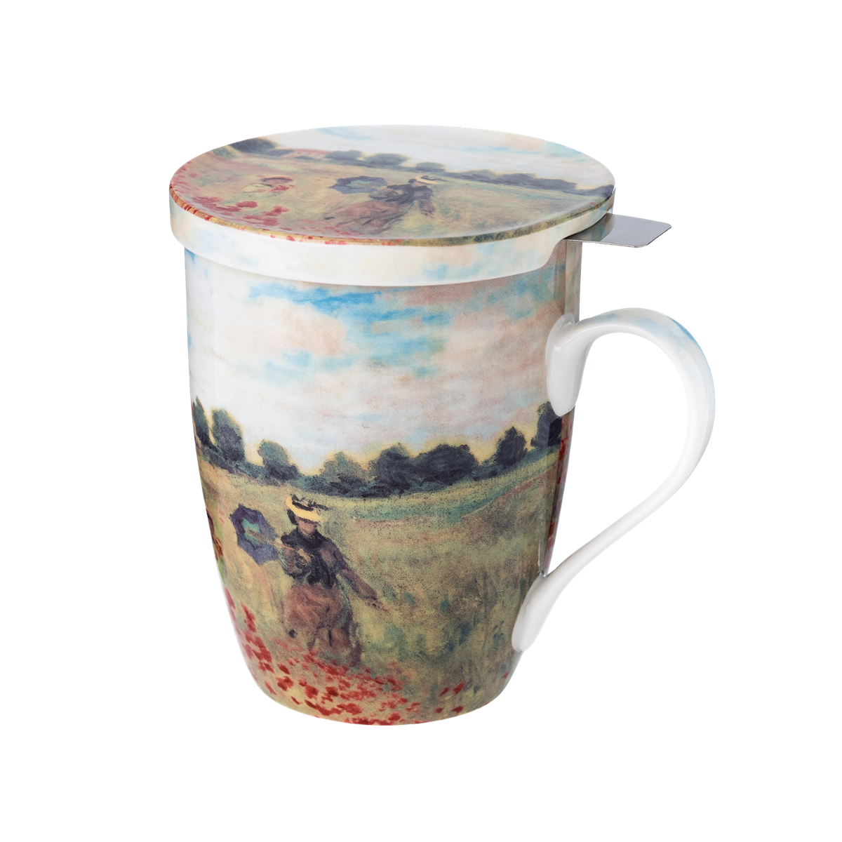 Poppies Claude Monet tea mug with stainless steel infuser fine bone china 15.2 oz featuring red poppy impressionist painting, front view handle right