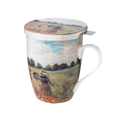 Poppies Claude Monet tea mug with stainless steel infuser fine bone china 15.2 oz featuring red poppy impressionist painting, front view handle right