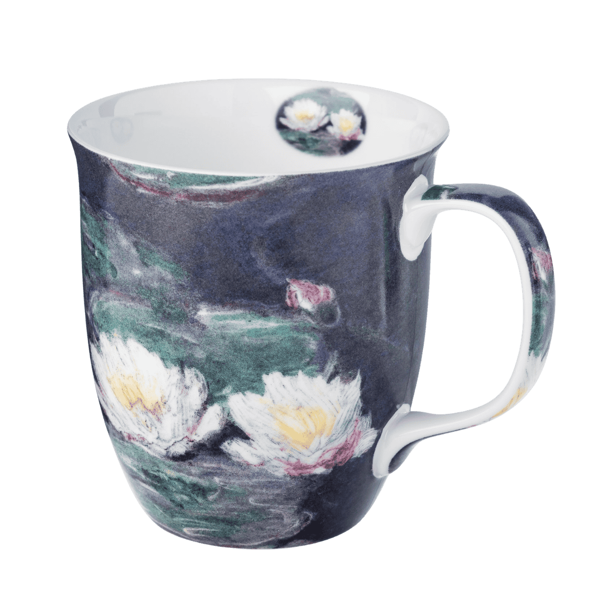 Claude Monet Water Lilies mug, fine bone china coffee mug featuring the famous painting, front view handle right