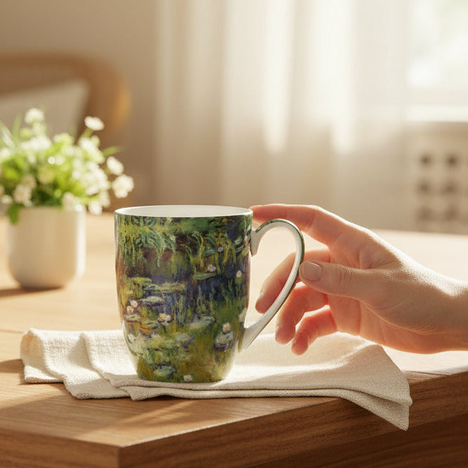 Water Lilies design by Claude Monet Latte mug with coffee on a table