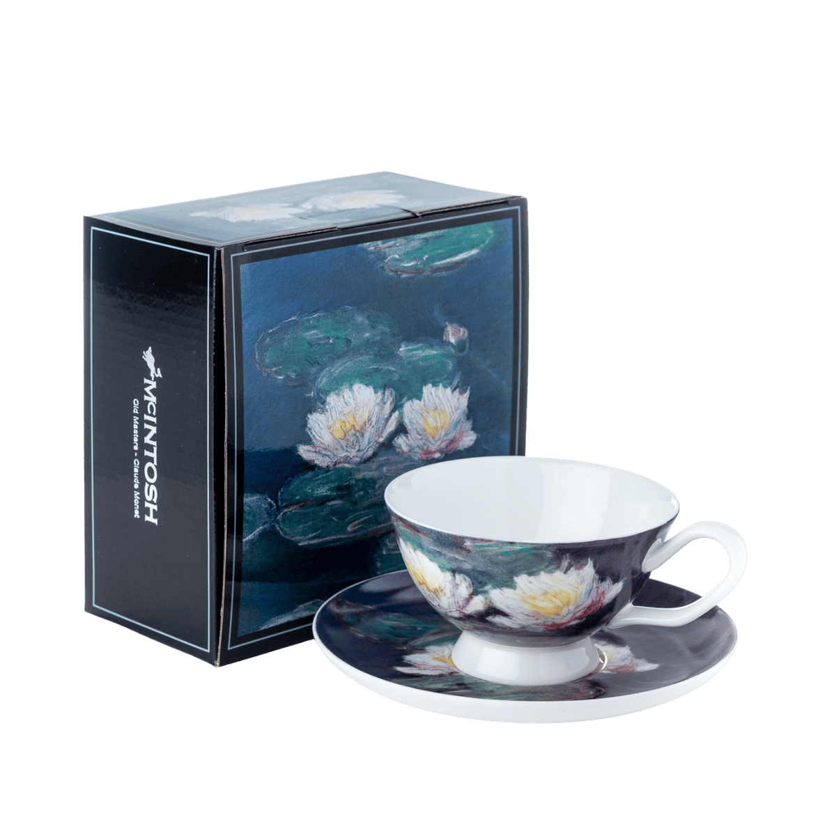 Water Lilies Claude Monet teacup and saucer fine bone china 6 oz tea cup set, front view