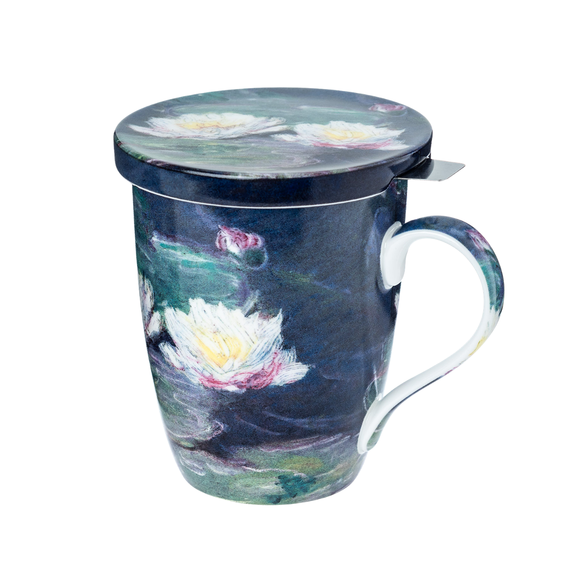 Claude Monet Water Lilies tea mug with lid and stainless steel infuser, 15.2 oz (450 ml) fine bone china mug, front view, handle right