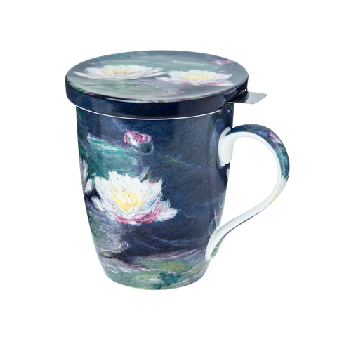 Claude Monet Water Lilies tea mug with lid and stainless steel infuser, 15.2 oz (450 ml) fine bone china mug, front view, handle right