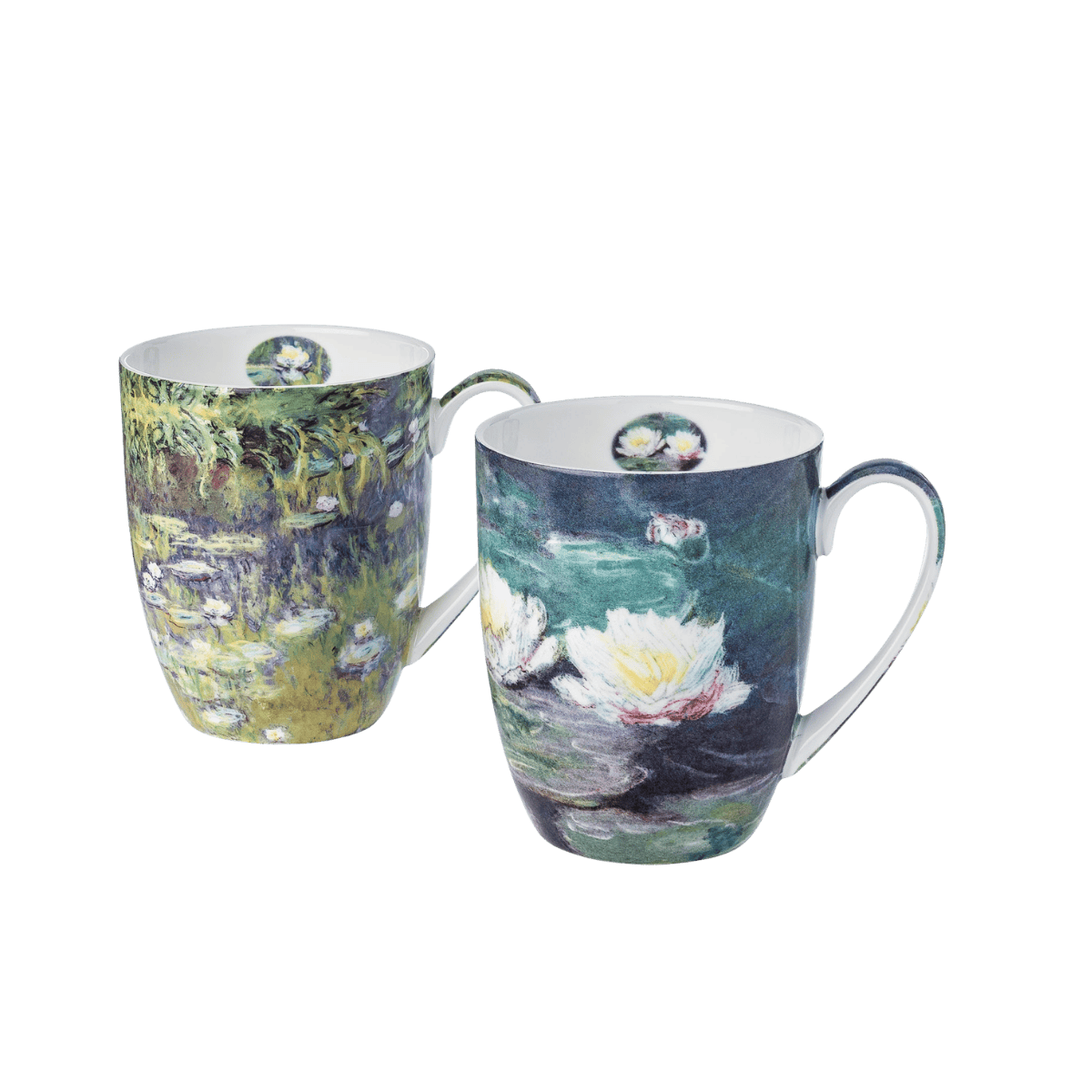 Claude Monet Water Lilies mug set of two, 12.5 oz (375 ml) fine bone china mugs, white background