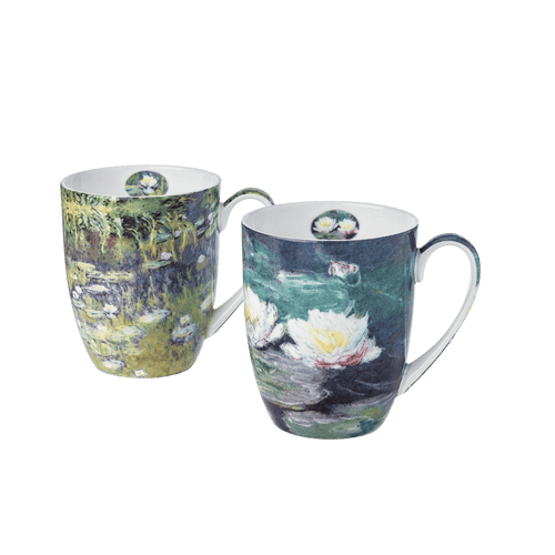 Claude Monet Water Lilies mug set of two, 12.5 oz (375 ml) fine bone china mugs, white background