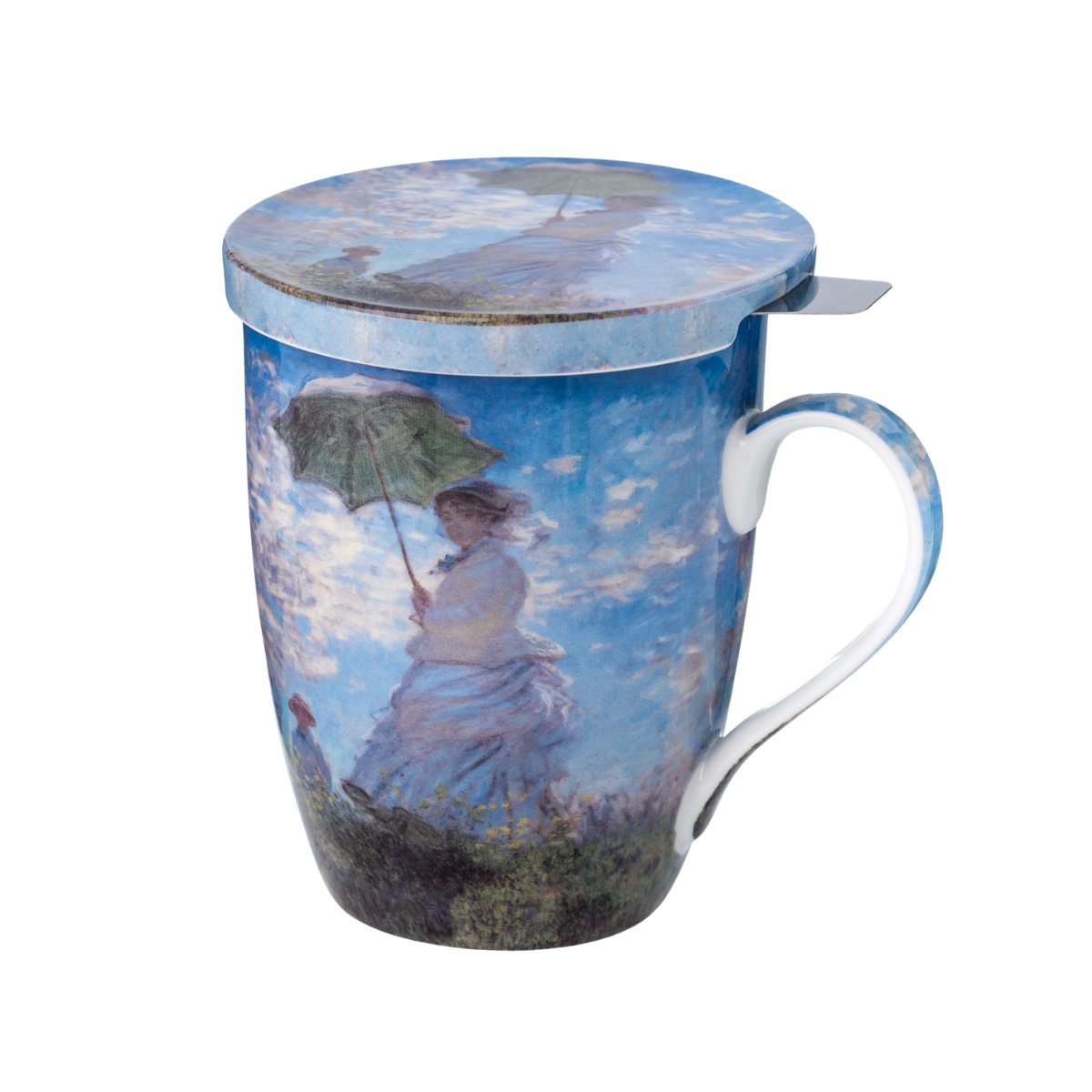 Woman with a Parasol Claude Monet tea mug with stainless steel infuser fine bone china 15.2 oz featuring impressionist painting, front view handle right