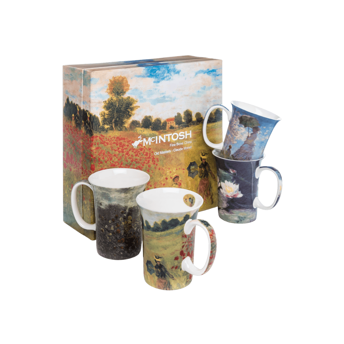 Claude Monet mug set featuring Woman with a Parasol The Artist’s Garden Water Lilies and Poppies paintings, 11 oz (325 ml) fine bone china mugs