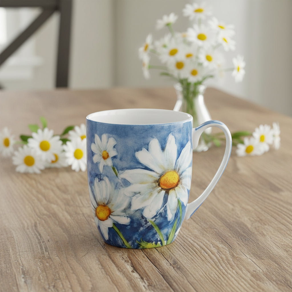 Morning Flowers Daisy on Blue Latte mug in a kitchen setting