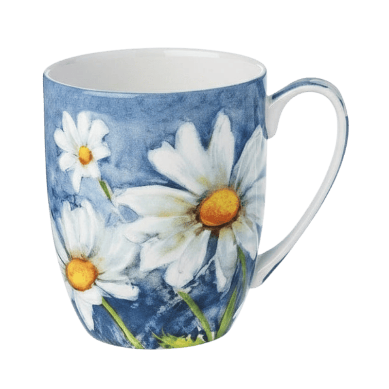 Morning Flowers Daisy on Blue Latte mug in fine bone china, 12.5 oz (375 ml), front view, handle right