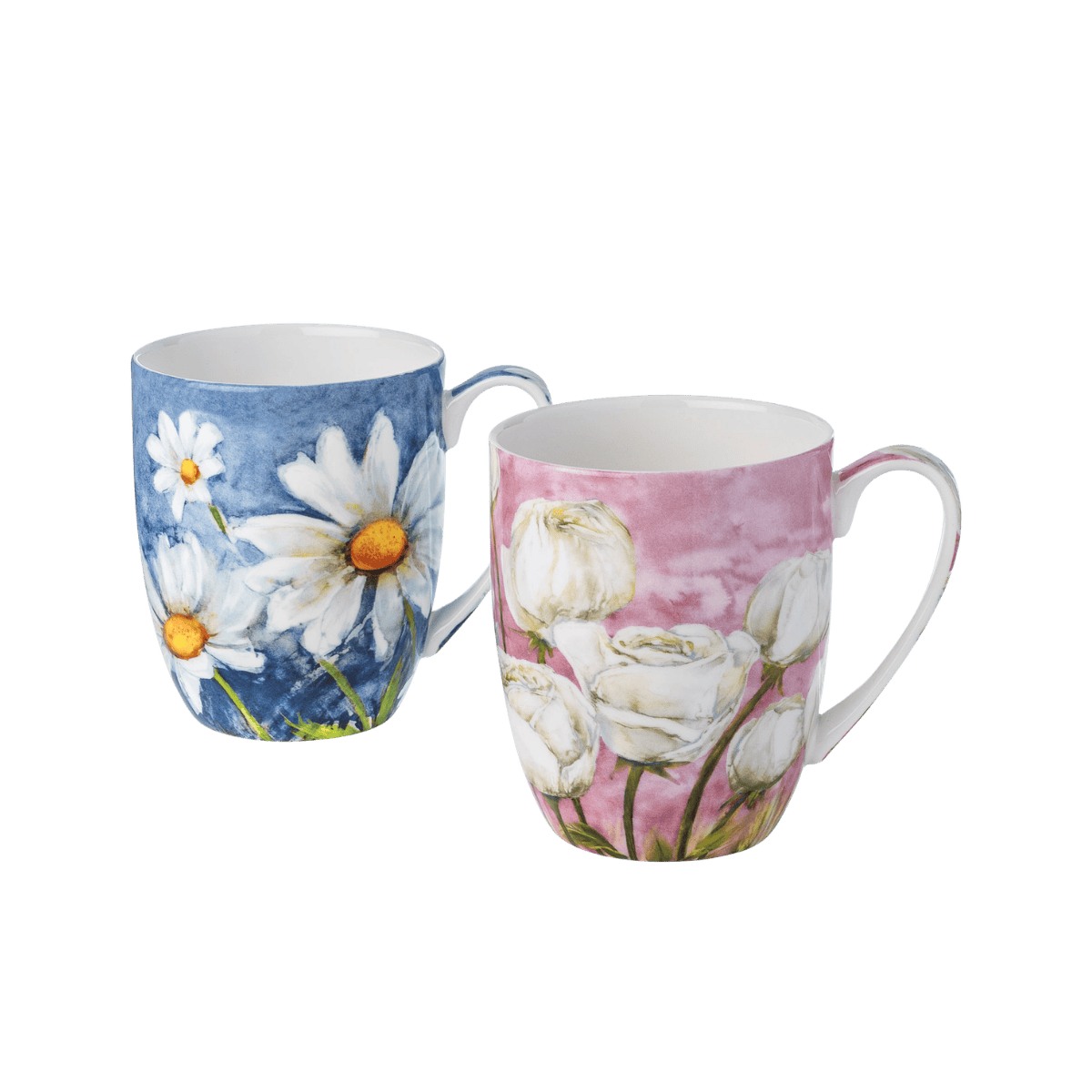 Morning Flowers mug set of two with daisies and roses, pink and blue backgrounds, 12.5 oz (375 ml) fine bone china mugs, white background