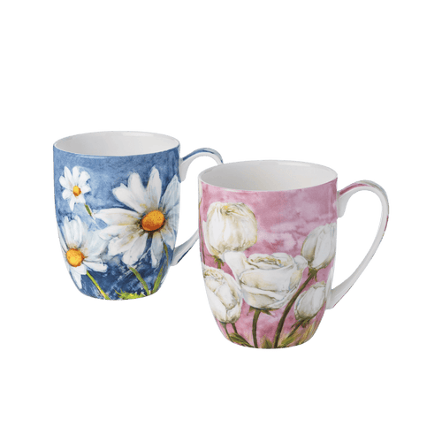 Morning Flowers mug set of two with daisies and roses, pink and blue backgrounds, 12.5 oz (375 ml) fine bone china mugs, white background