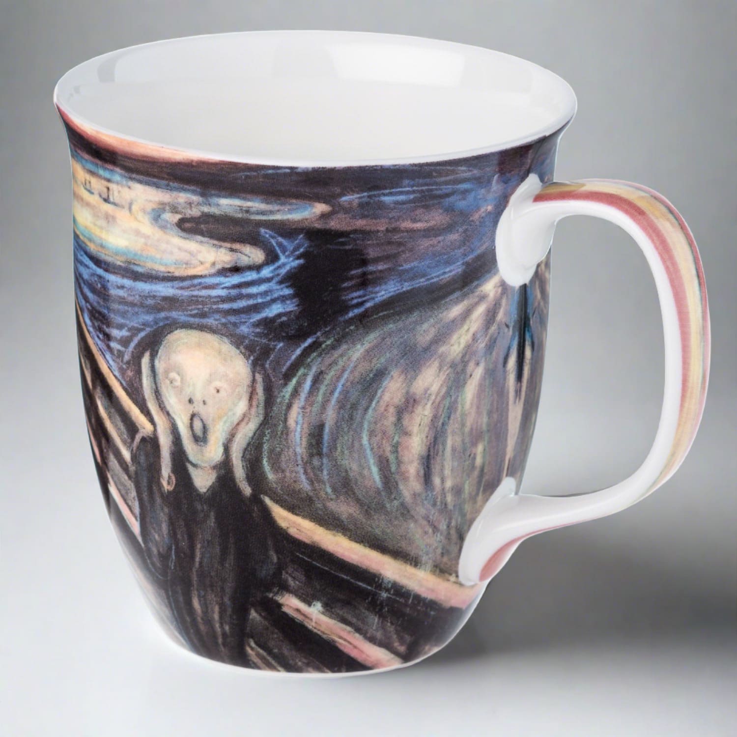 Edvard Munch The Scream Java Mug in fine bone china, front view, handle right, grey background