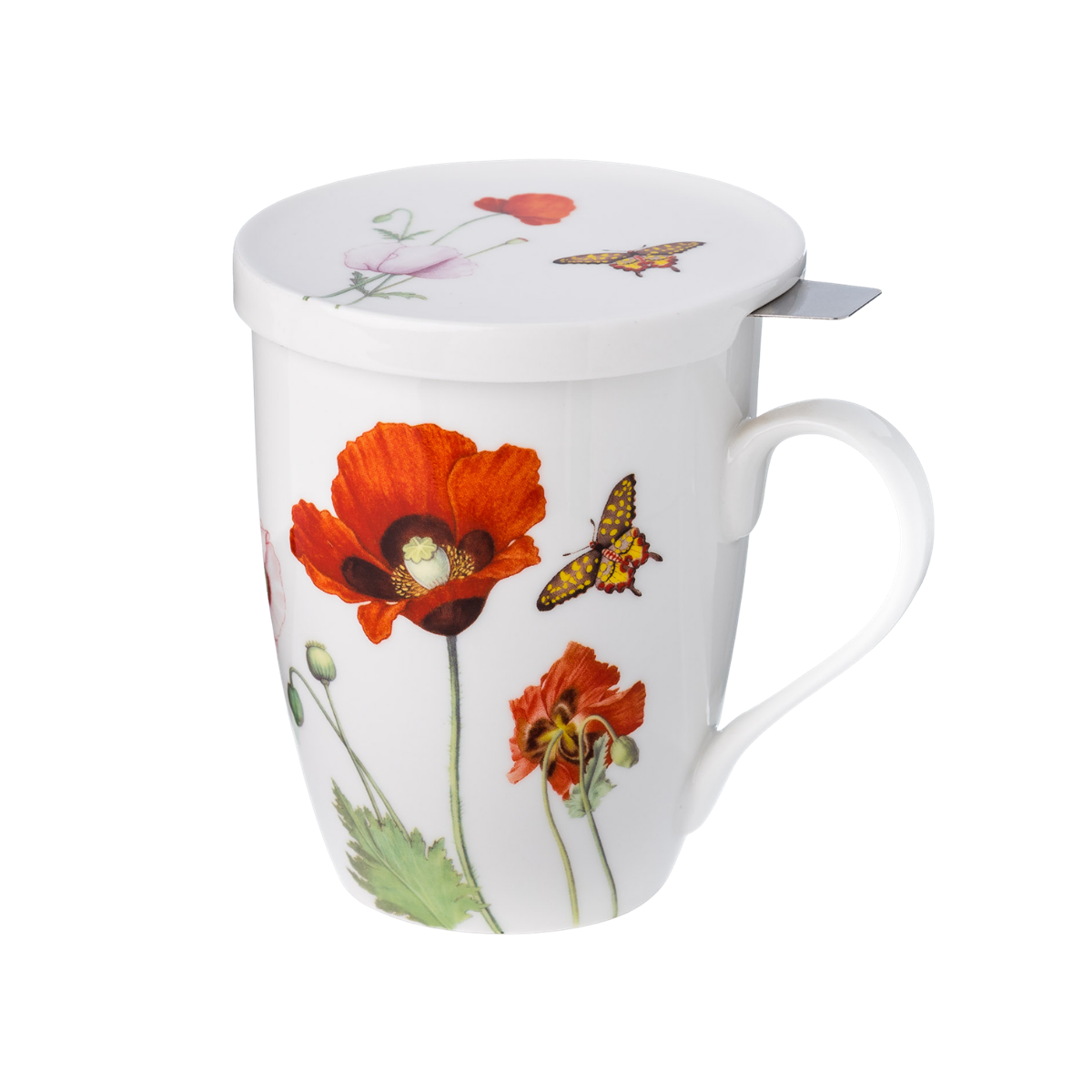 Poppies wildflower fine bone china tea mug with stainless steel infuser and lid, 15.2 oz (450 ml), front view, handle right