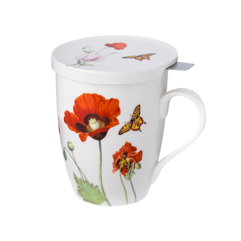 Poppies wildflower fine bone china tea mug with stainless steel infuser and lid, 15.2 oz (450 ml), front view, handle right