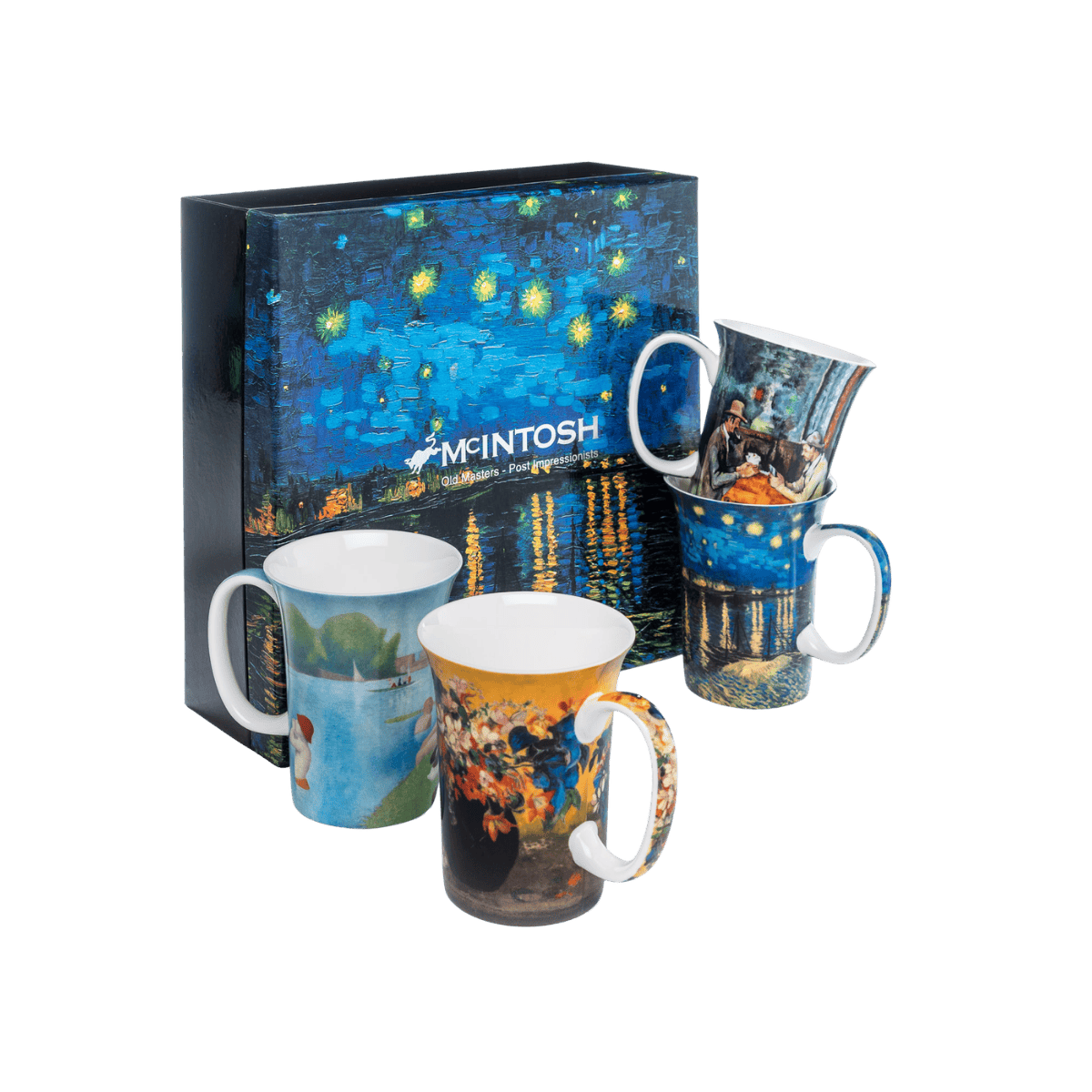 Post-Impressionist masters mug set fine bone china featuring Starry Night over the Rhone Card Players Vase of Flowers and The Bathers paintings