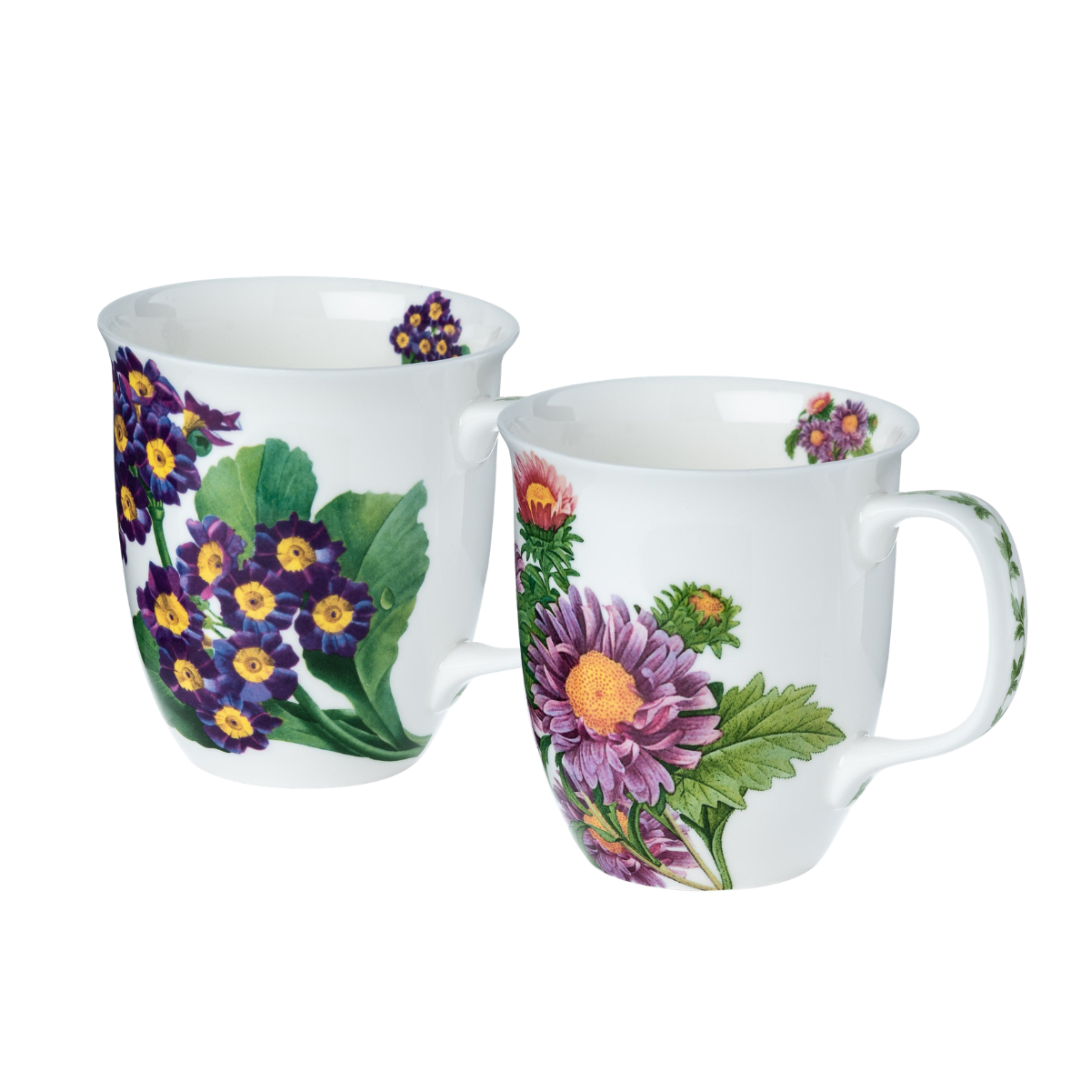 Bundle of two Purple Bloom Java Mugs in fine bone china, front view, handle right, featuring Garden Collection designs Viola and Michaelmas Daisy