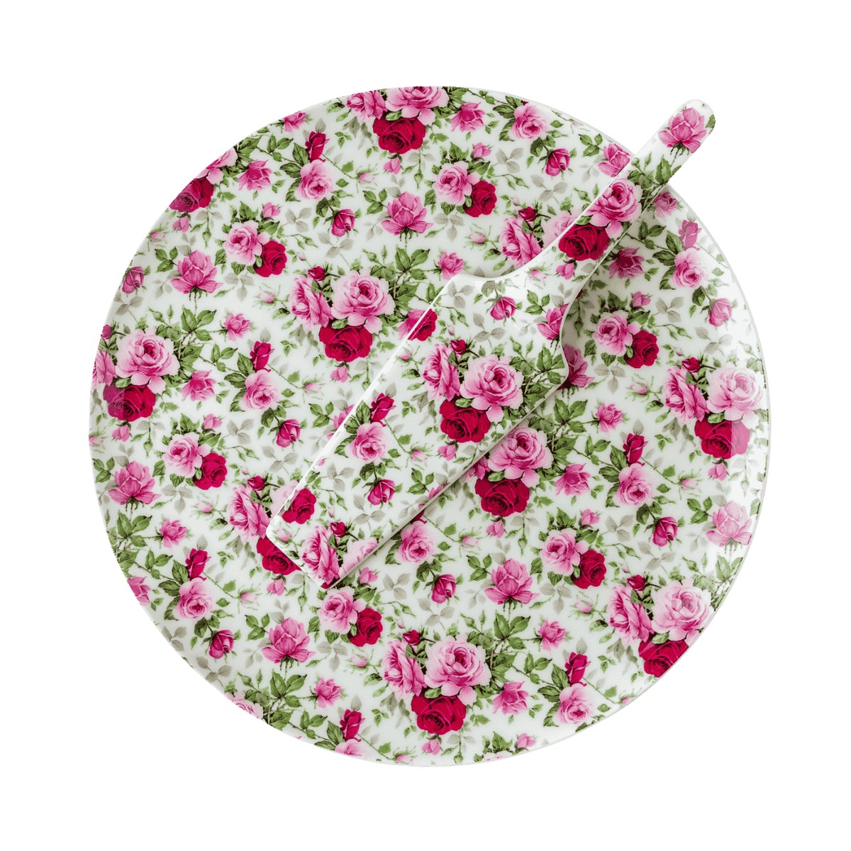 Red & Pink Roses cake plate with matching server fine bone china McIntosh Mugs front view