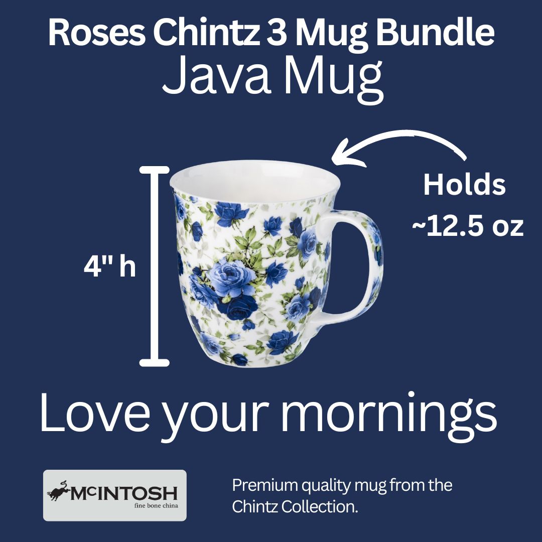 Dark Blue Roses Java Mug size guide in fine bone china, 375 ml (12.5 oz) capacity, 4 in height