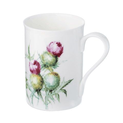 Scottish Thistle Classico mug fine bone china 12.5 oz with traditional Scottish thistle floral design, front view handle right