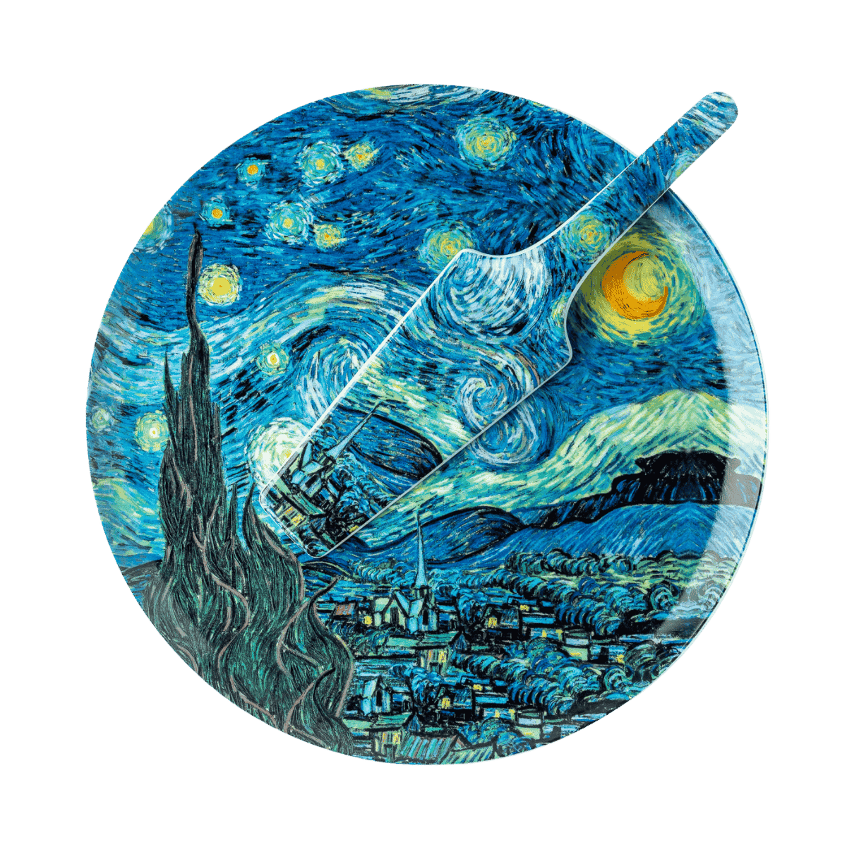 Vincent van Gogh Starry Night cake plate with matching server fine bone china McIntosh Mugs front view