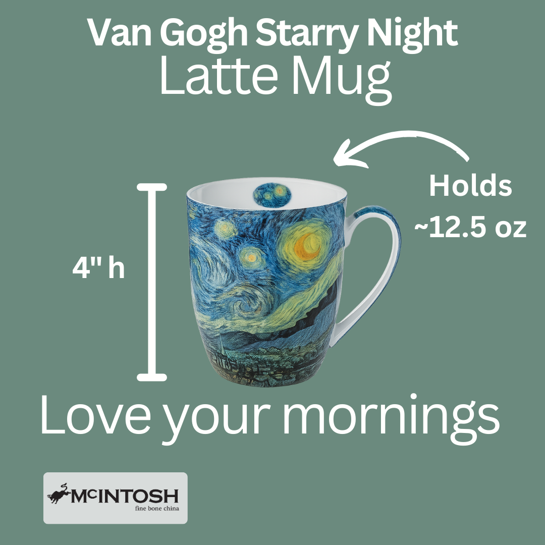 Starry Night Latte mug size guide showing 12.5 oz (375 ml), 4 in high