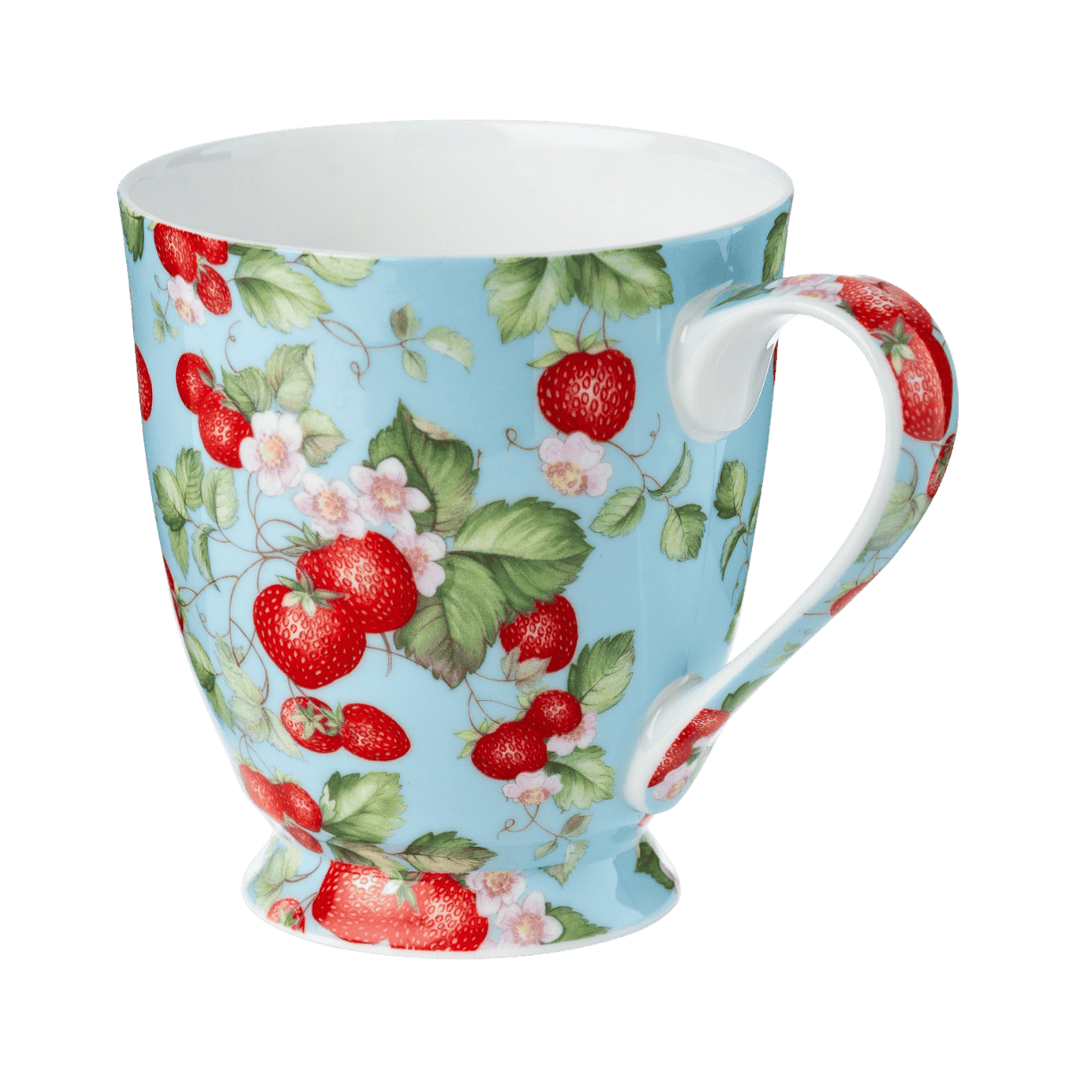 Strawberries Forever mocha mug, 16 oz (500 ml) fine bone china mug with strawberry pattern on blue background, front view, handle right