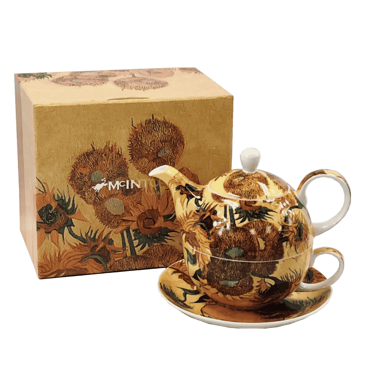 Van Gogh Sunflowers tea for one set teapot cup and saucer fine bone china McIntosh Mugs front view, handle right