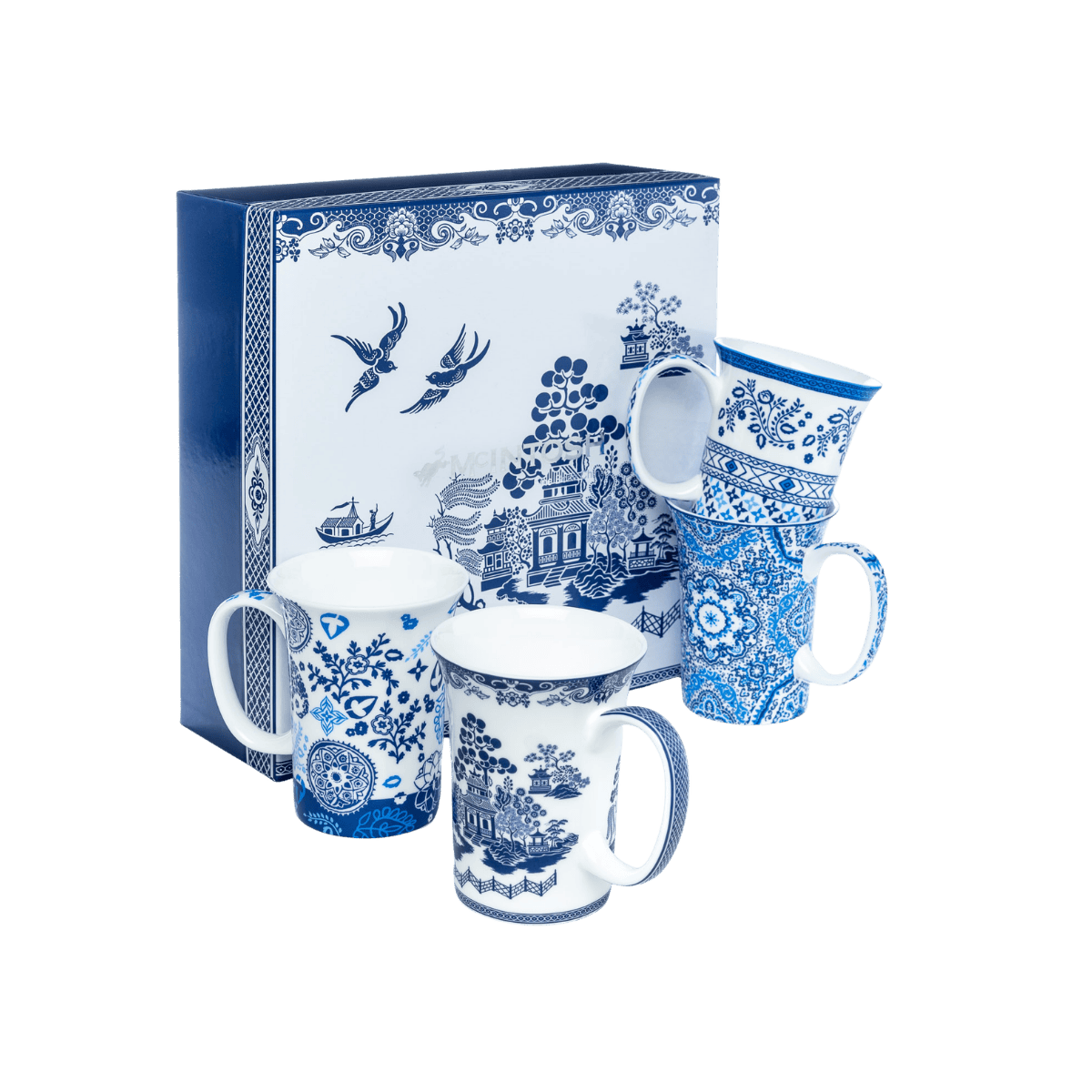 Set of four blue design mugs, 11 oz (325 ml) fine bone china mugs and matching gift box, white background