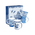 Set of four blue design mugs, 11 oz (325 ml) fine bone china mugs and matching gift box, white background