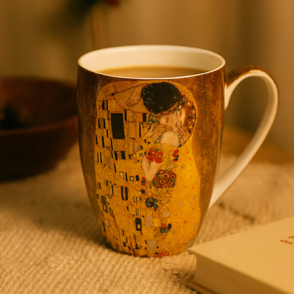 The Kiss by Gustav Klimt Latte mug with coffee in a cozy setting