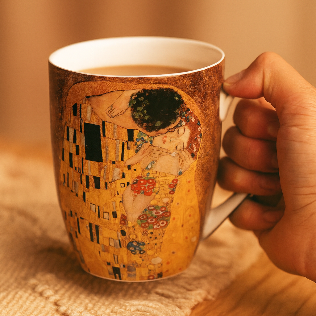 The Kiss by Gustav Klimt Latte mug with coffee in hand